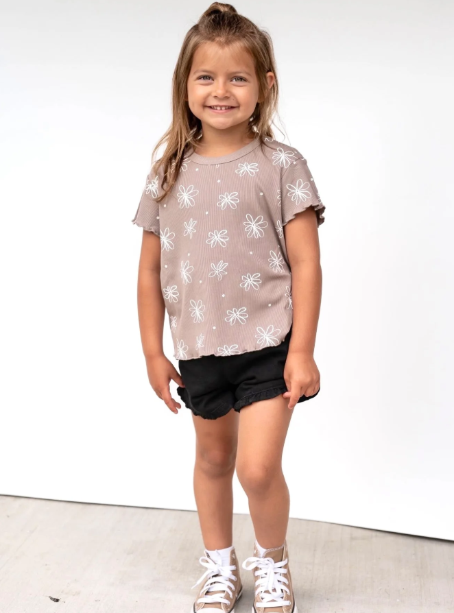 Little Bipsy - Floral Ribbed Lettuce Hem Tee - Mushroom|149334