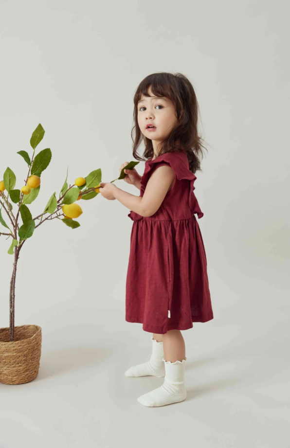 Organic Ruffle Hem Dress-Wine Red|104095