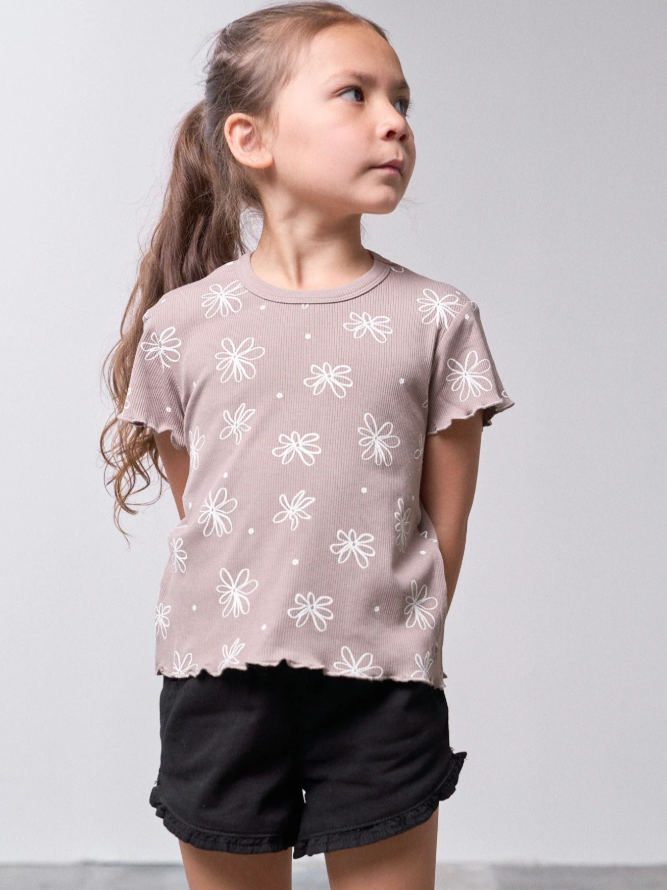 Little Bipsy - Floral Ribbed Lettuce Hem Tee - Mushroom|149335
