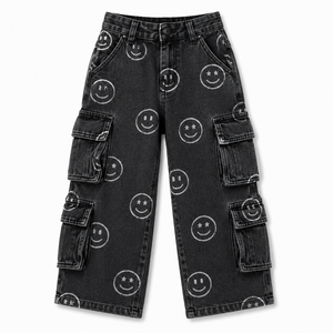 Little Trouble - Smiley Face Baggy Jeans Black