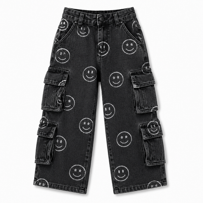 Little Trouble - Smiley Face Baggy Jeans Black