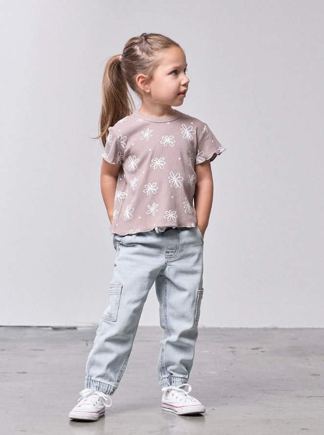 Little Bipsy - Floral Ribbed Lettuce Hem Tee - Mushroom|149333