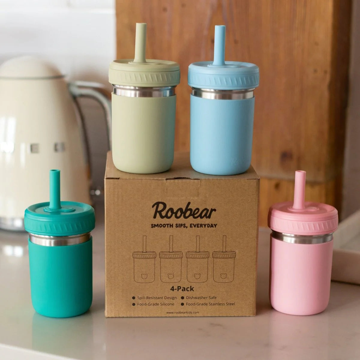 Roobear - 10oz Stainless Steel Spill-Proof Cups (4-Pack)
