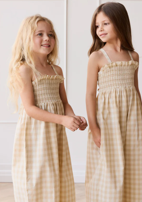 Organic Cotton Arabella Jumpsuit - Gingham Pale Khaki|155010