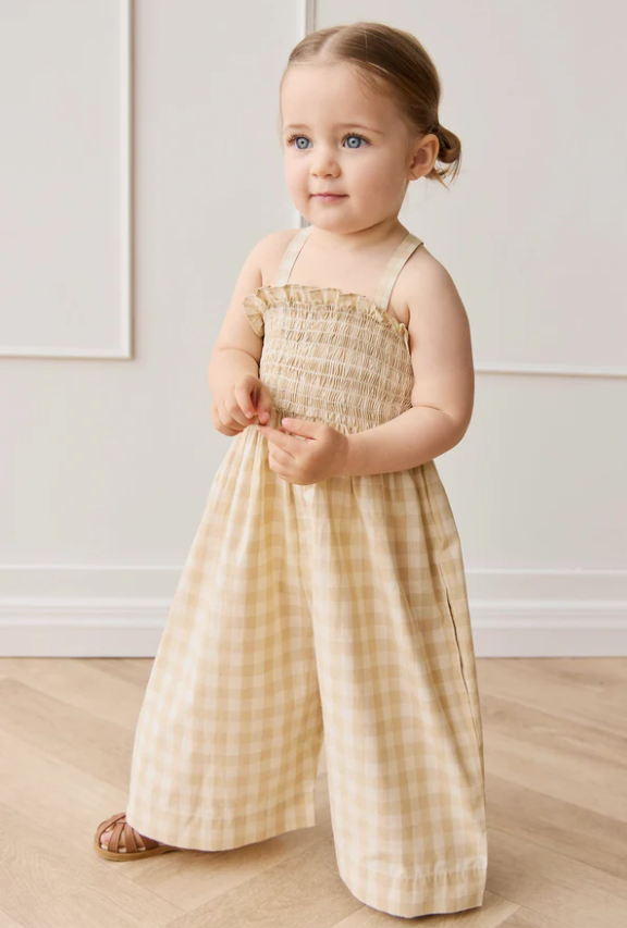 Organic Cotton Arabella Jumpsuit - Gingham Pale Khaki|155003