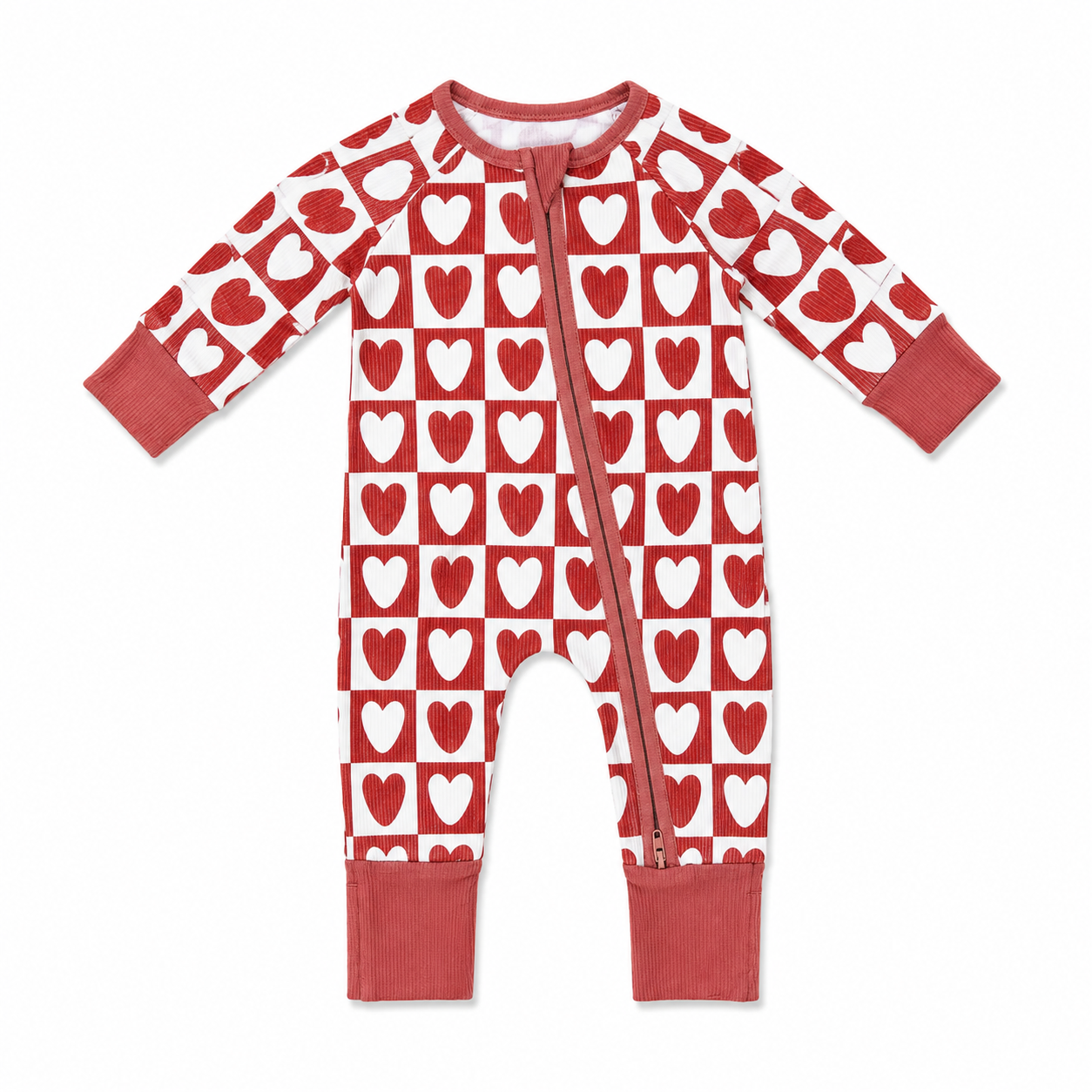 Mebie Baby - Checkered Hearts Ribbed Bamboo Zipper 0-3M, 3-6M