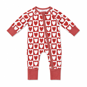 Mebie Baby - Checkered Hearts Ribbed Bamboo Zipper 0-3M, 3-6M