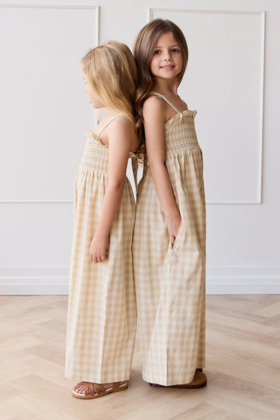 Organic Cotton Arabella Jumpsuit - Gingham Pale Khaki|155004