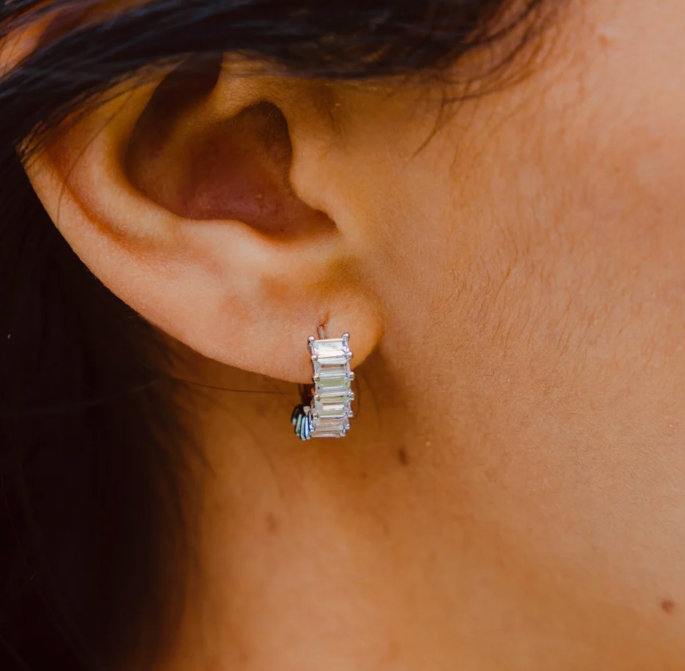 Liya Rectangle Stones Huggies - Silver|218812